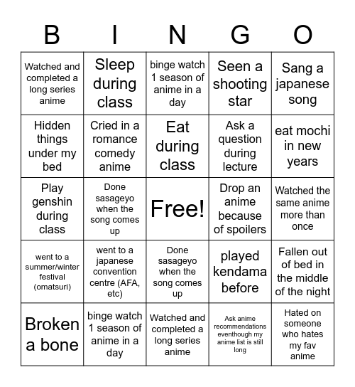 Never Have I Ever Bingo Card