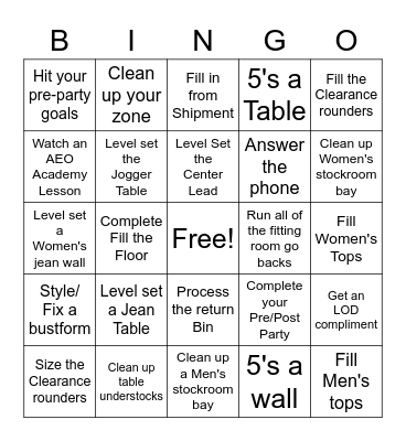 AE Service Bingo Card