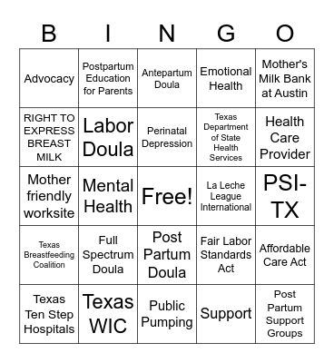 Lactation Support & Advocacy Bingo Card