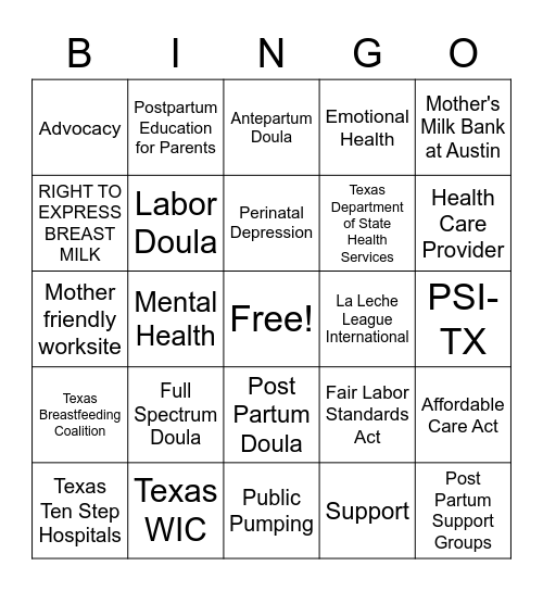 Lactation Support & Advocacy Bingo Card