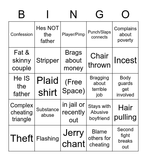 Jerry Springer Bingo Card