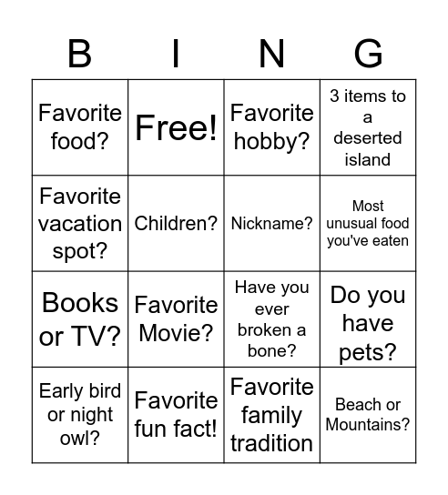 Getting to Know Each Other Bingo Card