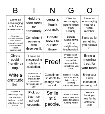 Staff Kindness Challenge Bingo Card