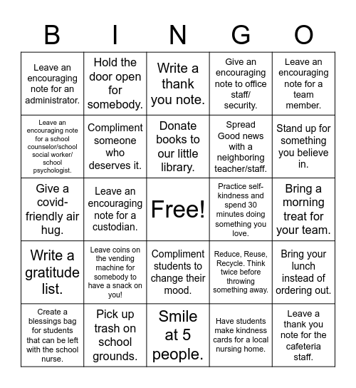 Staff Kindness Challenge Bingo Card