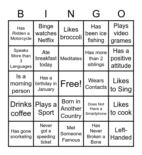 All About You! Bingo Card