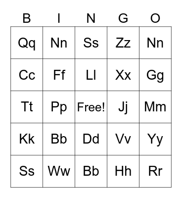 Consonant Letters Bingo - Yellow group Bingo Card