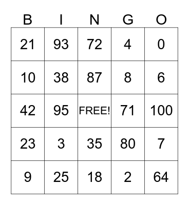 Number Bingo Card