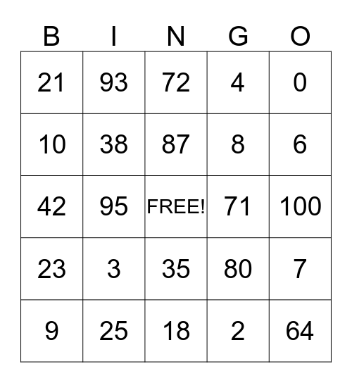 Number Bingo Card