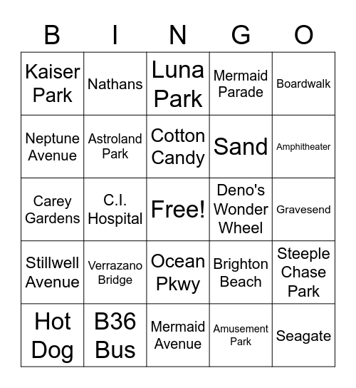 Coney Island Bingo Card