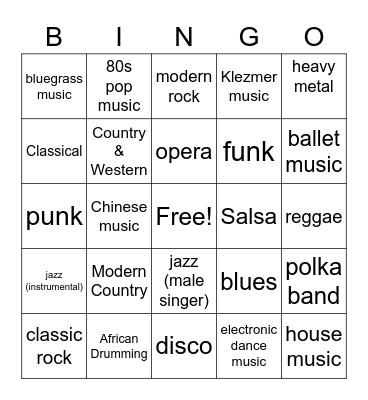 Musical Styles BINGO Card