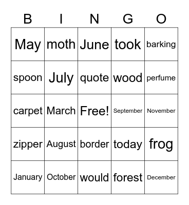 1st Grade Spelling Words January Bingo Card