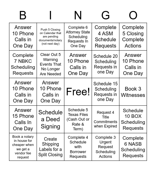 Scheduling 101 Bingo Card