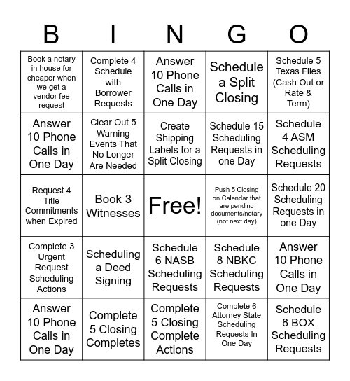 Scheduling 101 Bingo Card
