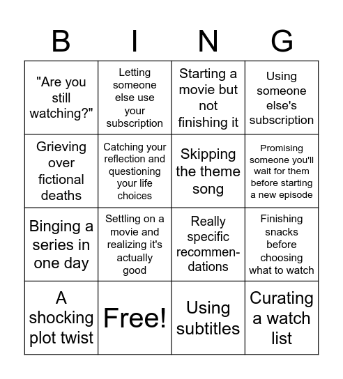 Binge Watch Bingo Card