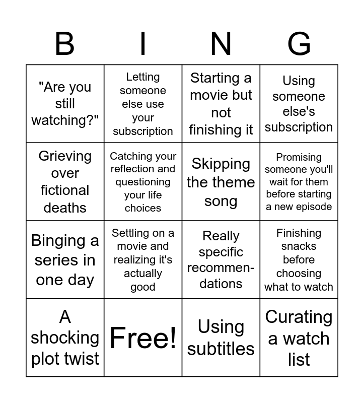 Binge Watch Bingo Card