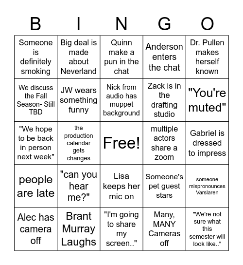 22' Spring Theatre Department Meeting Bingo Card