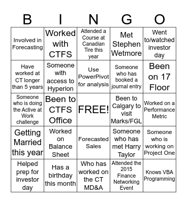 CANADIAN TIRE 2015 FINANCE NETWORKING Bingo Card
