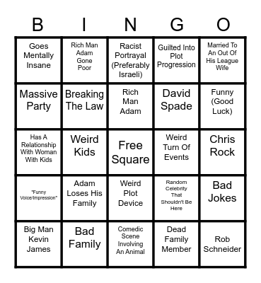 Adam Sandler Movie Bingo Card