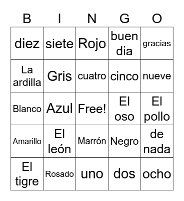 Spanish Colors, Numbers and Animals Bingo Card