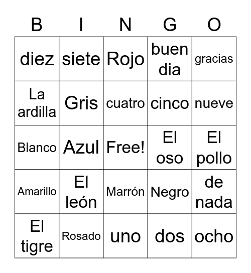 Spanish Colors, Numbers and Animals Bingo Card
