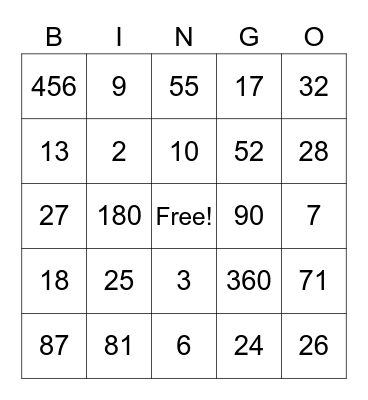Fun with Numbers Bingo Card