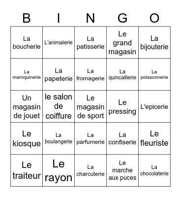 Les commerces/Les magasins Bingo Card