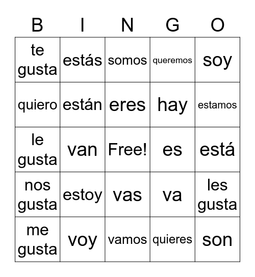 Common Present Tense Verbs in Spanish Bingo Card