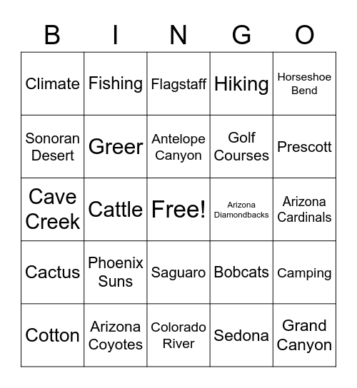 Arizona Bingo Card