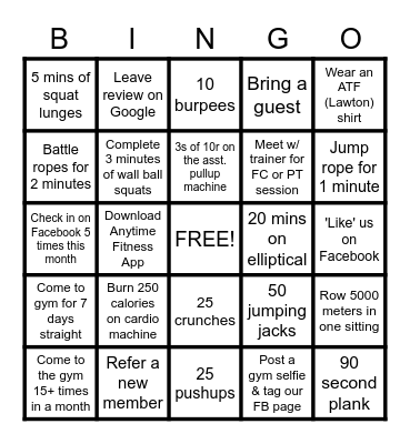 ANYTIME FITNESS BINGO Card