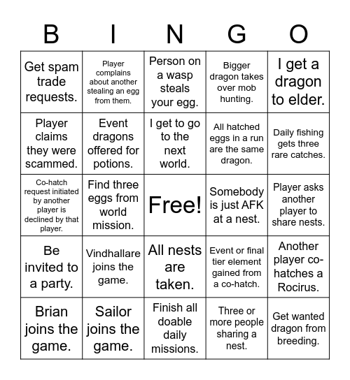 Dragon Adventures Bingo Card