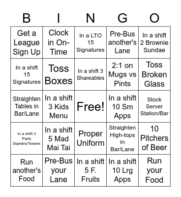 Tempe Village Bingo - Bartender/Server Bingo Card