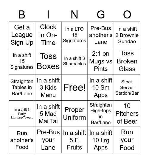 Tempe Village Bingo - Bartender/Server Bingo Card