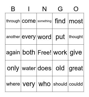 Sight Words Bingo Card