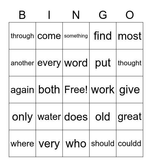 Sight Words Bingo Card