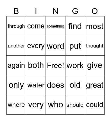 Sight Words Bingo Card