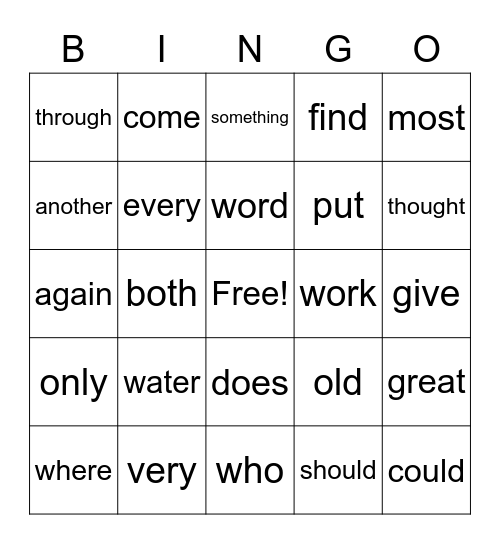 Sight Words Bingo Card