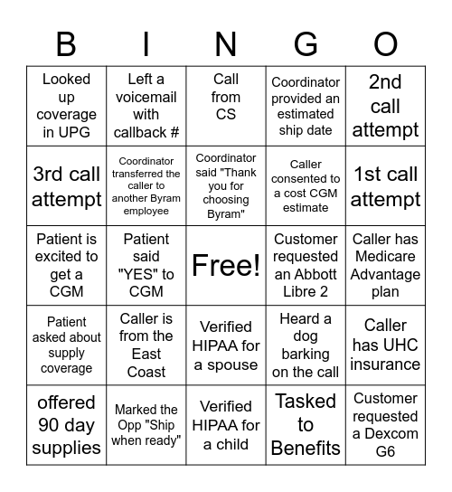 New Coordinator Bingo Card