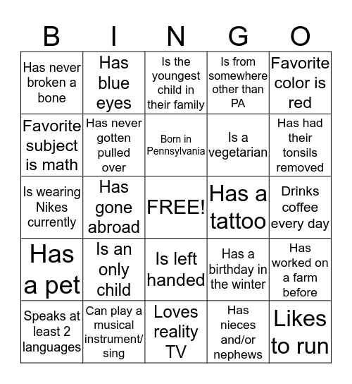 Pre-Orientation BINGO! Bingo Card
