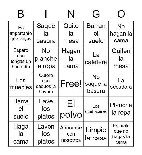 Mandatos y vocabulario Bingo Card