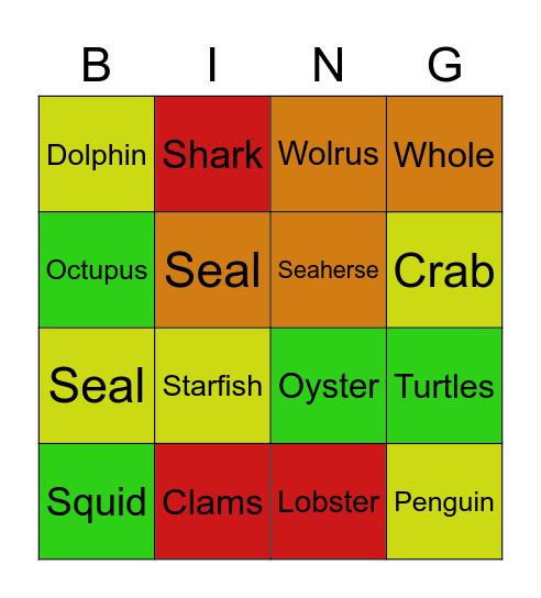 Sea animals Bingo Card