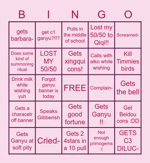 ganyu pull Bingo Card