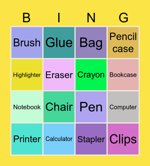 School objects Bingo Card