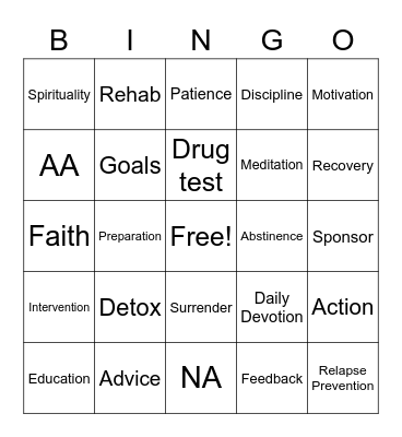 SUBSTANCE ABUSE RECOVERY BINGO Card