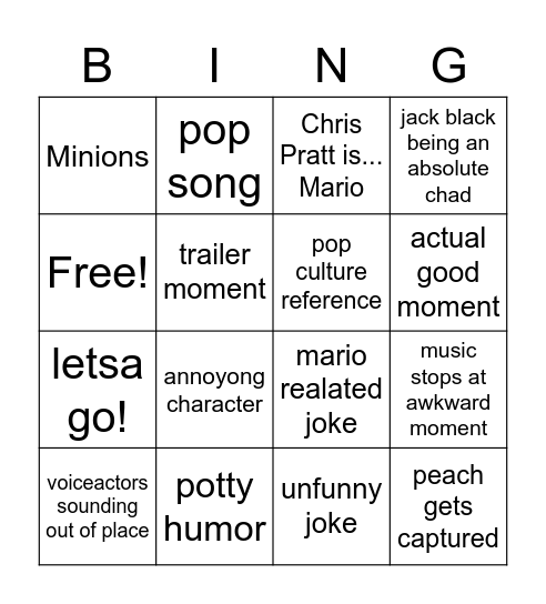 Mario movie trailer bingo Card