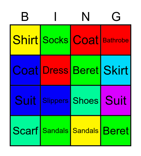Clothing Bingo Card