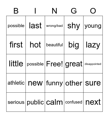 Adjectives - English Bingo Card