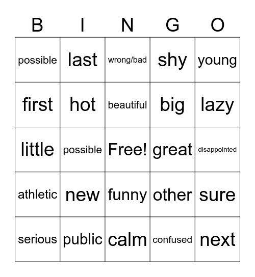 Adjectives - English Bingo Card