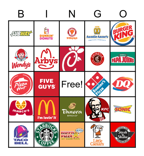 Fast Food Bingo Card