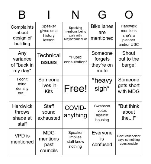 Public Hearing Bingo Card