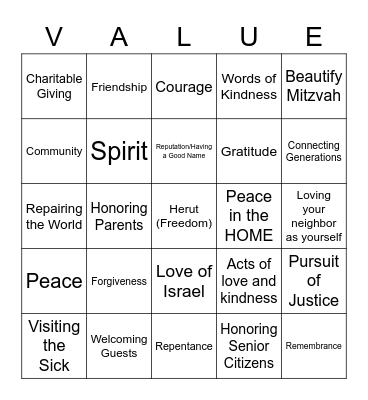 Jewish Values Bingo Card